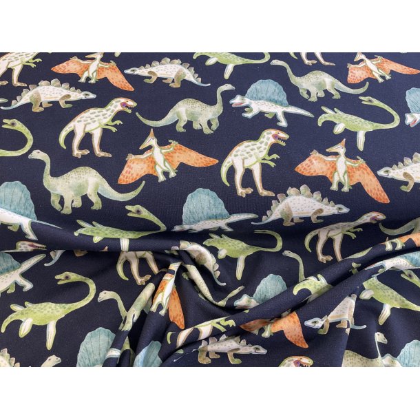 Bomulds jersey marine bund med dinoer 139 kr pr m