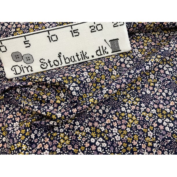 Fast 100 % bomuld poplin ttvvet, marine bund med de fineste sm blomster 75 kr pr m