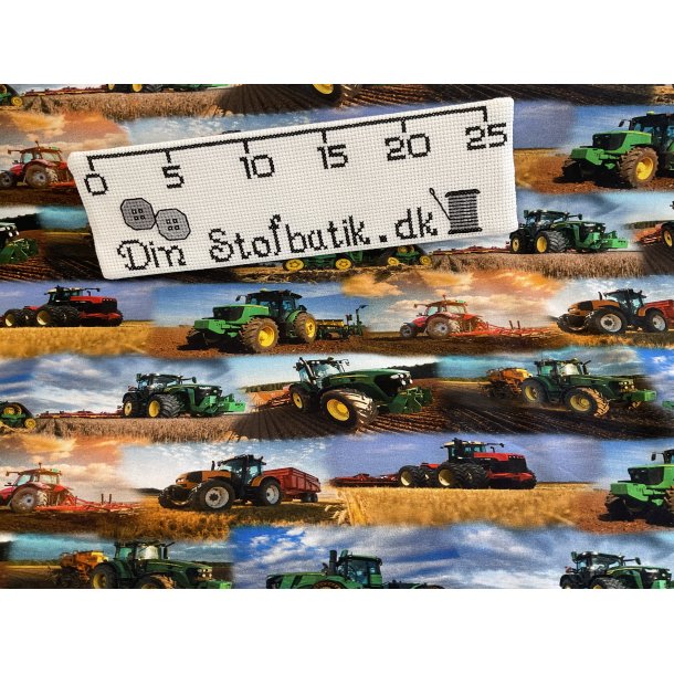 Bomulds jersey med masser af traktor p marken 150 kr pr m