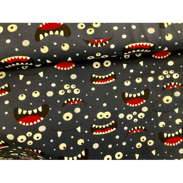 Bomulds jersey marine bund med monster p 129 kr pr m