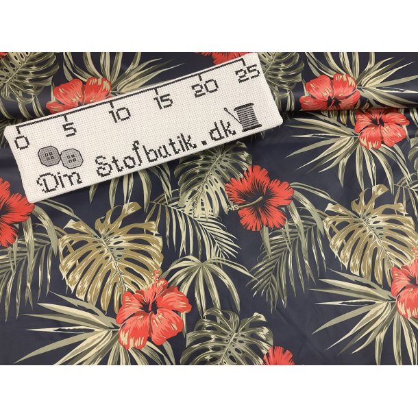 Vandtt regntjs stof med blade og blomster marinebl og rde blomster 69 kr pr m