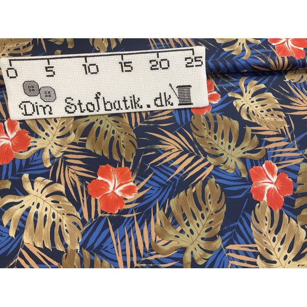 Vandtt regntjs stof med blade og blomster kobboltbl og rde blomster 69 kr pr m