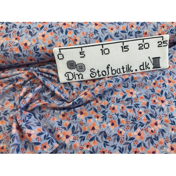 Bomulds jersey mellembl bund med koral og lyserde blomster 119 kr pr m