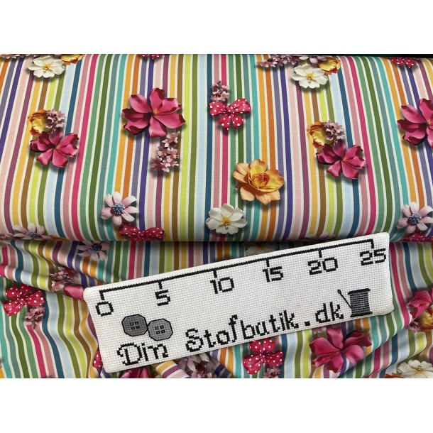 Bomulds jersey striber og 3 D print med blomster og sljfer 150 kr pr m 