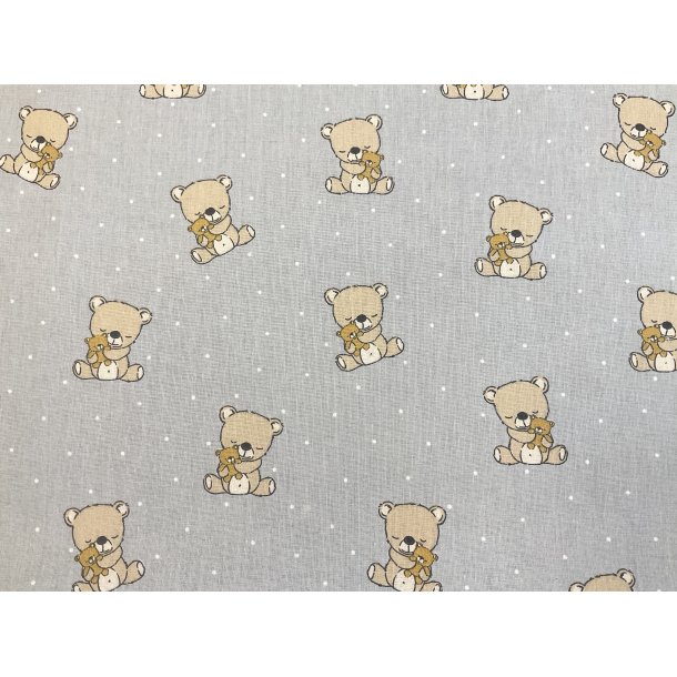 Fast 100 % bomuld poplin ttvvet, lysegr bund med sde bamser 75 kr pr m