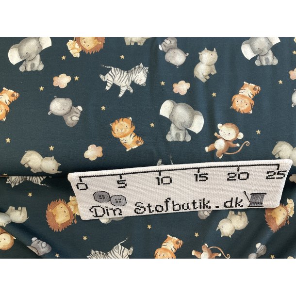 Bomulds jersey marine bl bund med dyr elefanter zebra flodhest mm 150 kr pr m