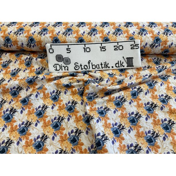 Bomulds jersey hvid bund med orange og bl blomster 129 kr pr m