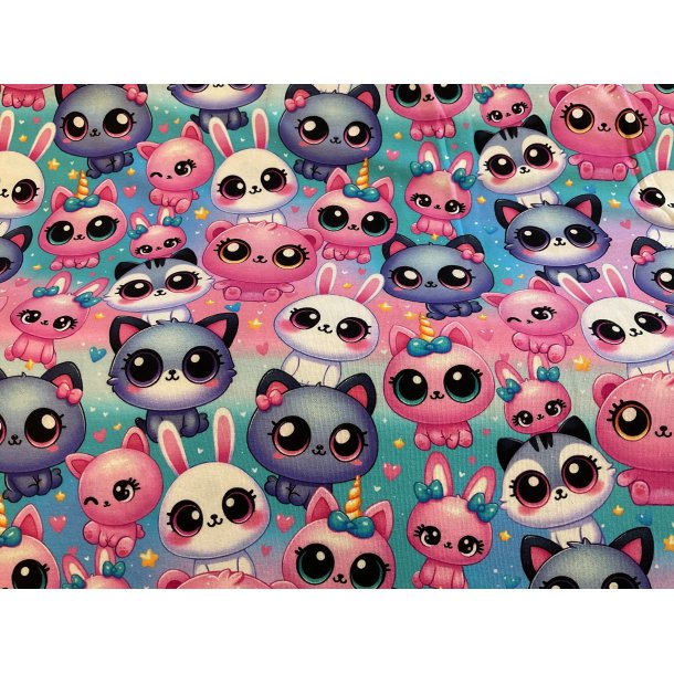 Bomulds jersey sm kaniner og katte i super klart print i pink og lilla farver. KUN 129 kr pr m