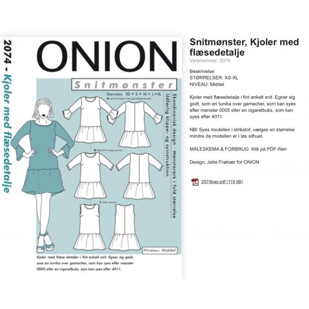 Onion 2074 Kjole m/flsedetalje Til: fast- og strk stof (jersey)