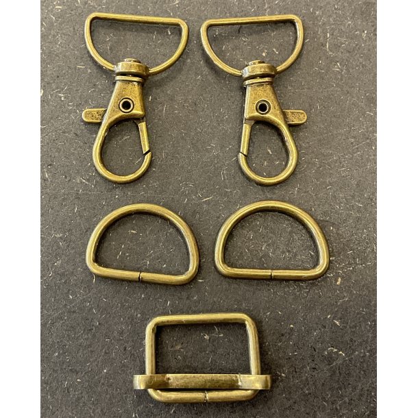 Pakke med 2xD-ringe + 2xkarabinhager + 1xregulator i antik 20 mm