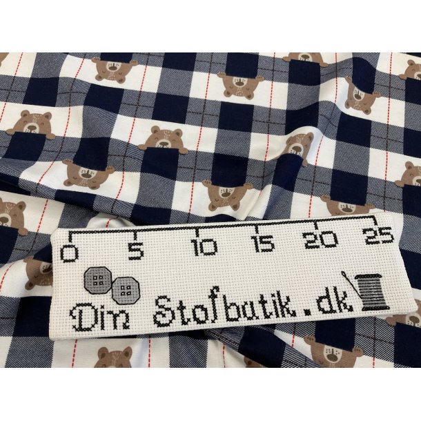 Ternet bomuld BLD opkradset kvalitet marine / hvid med bamser 119 kr pr m