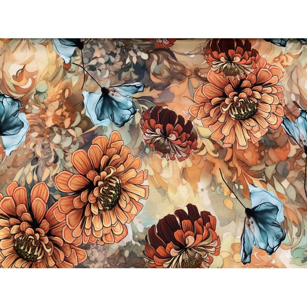 Bomulds jersey gyldne blomster med et strejf af bl 150 kr pr m