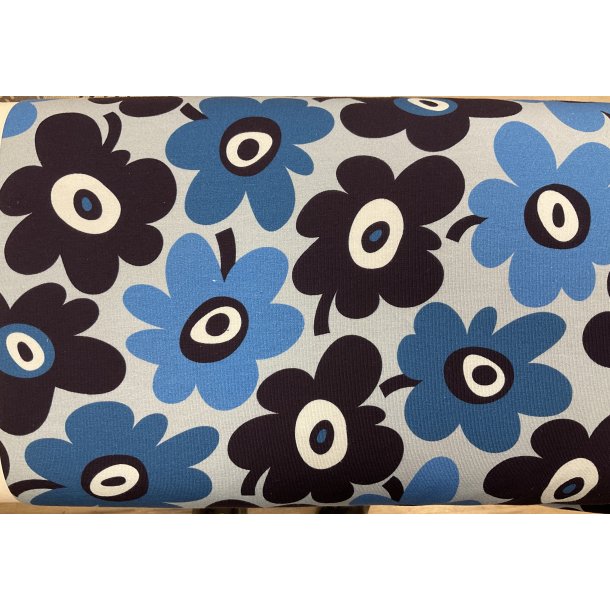 Bomulds jersey lysebl bund med bl blomster 150 kr pr m