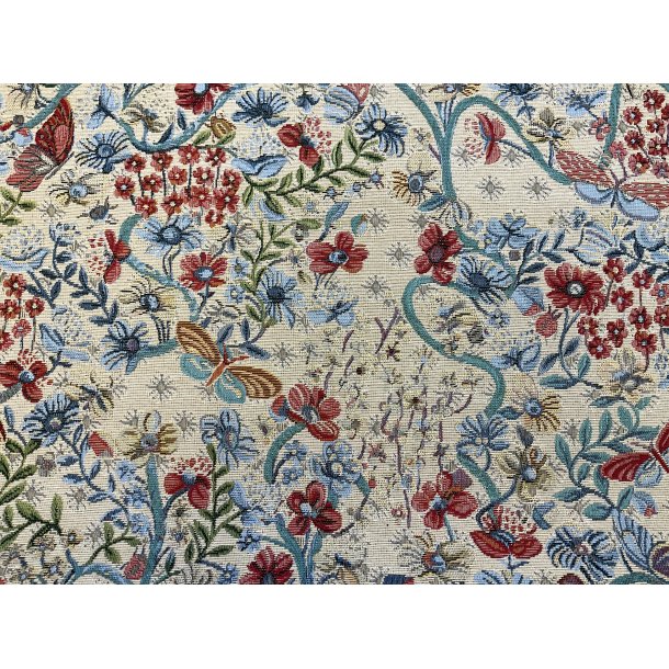 Gobelin med lys bund med blomster og blade i rde og bl farver 149 kr pr m