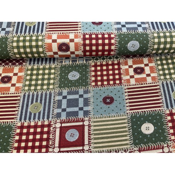 Gobelin med patchwork og knapper 149 kr pr m