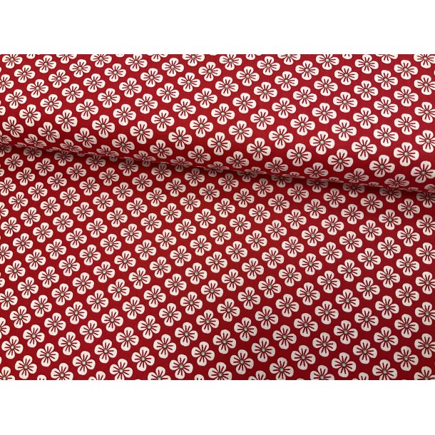 Fast 100 % bomuld poplin ttvvet, rd bund med tegnet blomst i hvid. 69 kr pr m