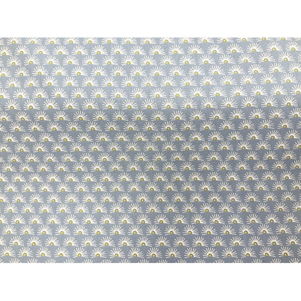 Fast 100 % bomuld poplin ttvvet, lysebl bund med halve blomster / sol 69 kr pr m