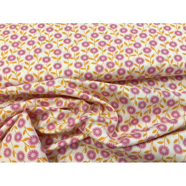 Fast bomuld hvid bund med pink og orange blomster kun 79 kr pr m