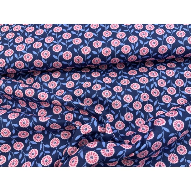 Fast bomuld bl med pink blomster KUN 79 kr pr m