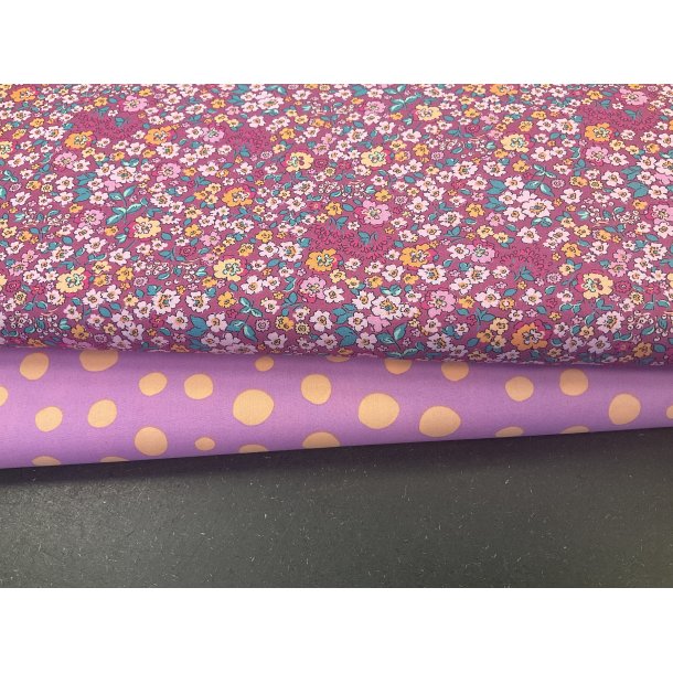 Stofpakke til strikketasken - projekt tasken Mini blomster og lilla bomber