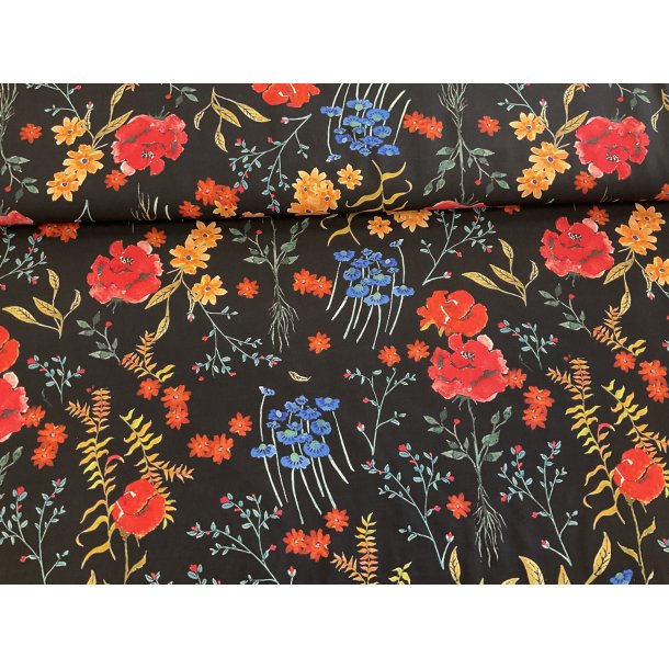 Fast viskose 99 kr pr m. Sort bund med blomster flora i mellem stor str