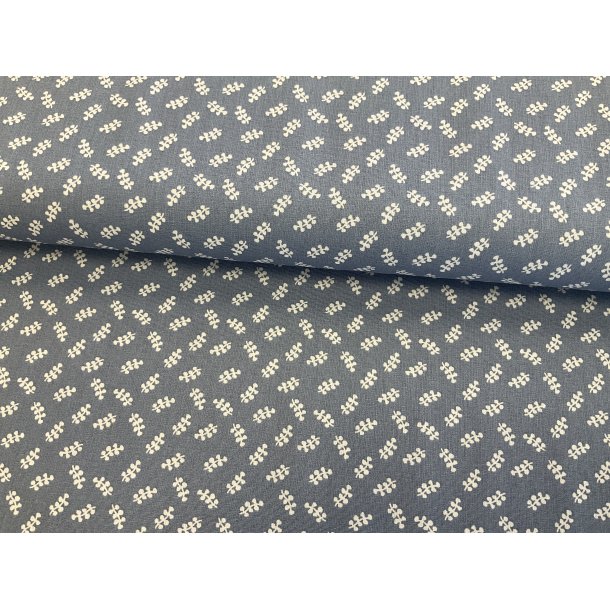 Fast 100 % bomuld poplin ttvvet, stvet mellembl med fint hvid bladmnster. 75 kr pr m