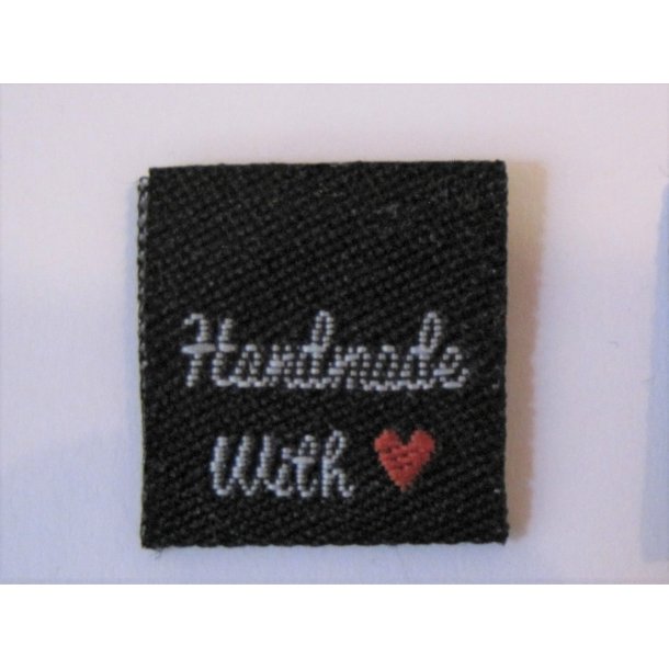 Symrke stof, "handmade with "hjerte""  i sort m. rdt hjerte