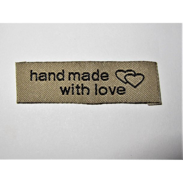 Symrke stof smal "handmade with love" dobbelt hjerte, ass. farver