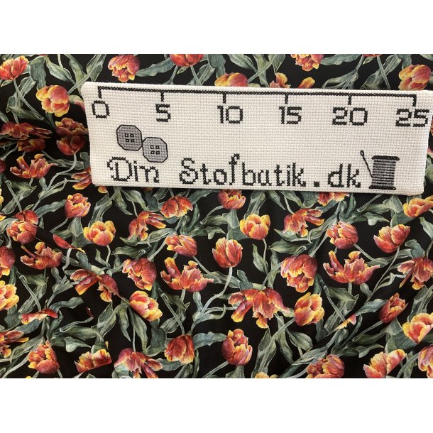 Bomulds jersey sort bund med de smukkeste tulipaner 145 kr pr m