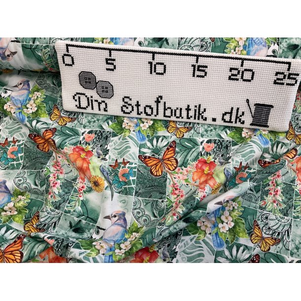 Bomulds jersey sommerfugle fugle i smukke mint turkise farver 145 kr pr m
